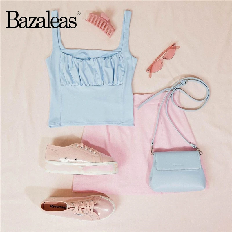 Bazaleas уличная мода Ruched Green женский топ на бретелях сексуальный Haut Femme укороченный
