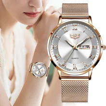 

LIGE Women Watches Luxury Brand Ultra-thin Calendar Week Quartz Watch Ladies Clocks Mesh Stainless Steel Waterproof Reloj Mujer