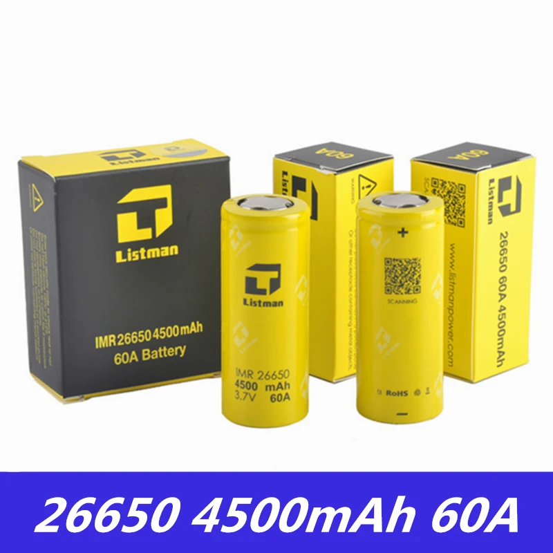 Listman 26650 батарея 3,7 V 60A 4500mAh перезаряжаемая литиевая батарея для бокс мод для электронных сигарет 26650 Vape батарея