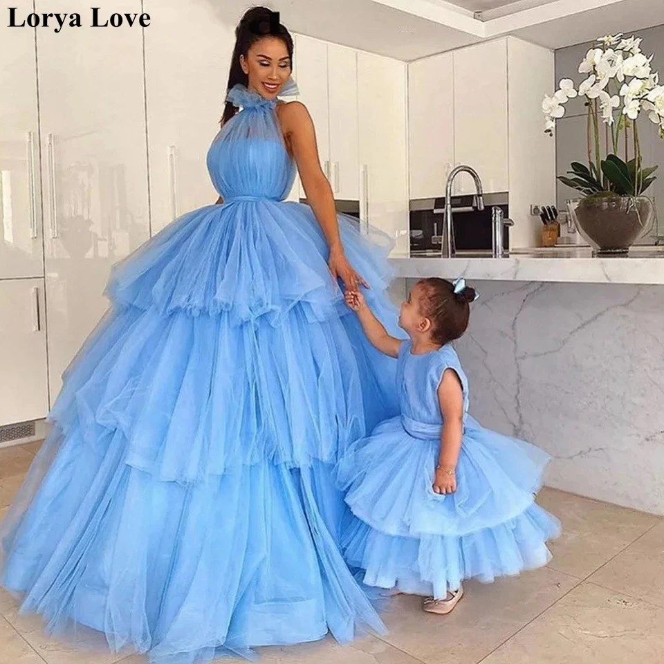

Light Blue Ball Gown Prom Dresses 2020 Mother And Daughter Ruffles Tulle Formal Party Evening Gowns Sleeveless Vestido Fiesta