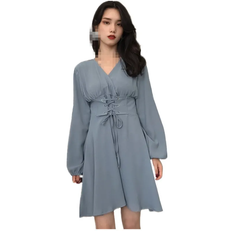 C1583-Spring-autumn-new-2019-women-fashion-vintage-V-collar-lantern-sleeve-temperament-waist-cinching-dress
