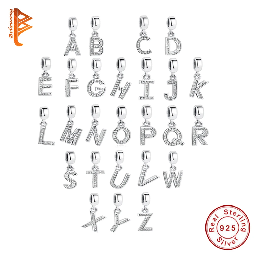 

BELAWANG Authentic 925 Sterling Silver A to Z Clear CZ Alphabet Letter Beads Fit Charm Bracelets&Necklace DIY Jewelry Gift