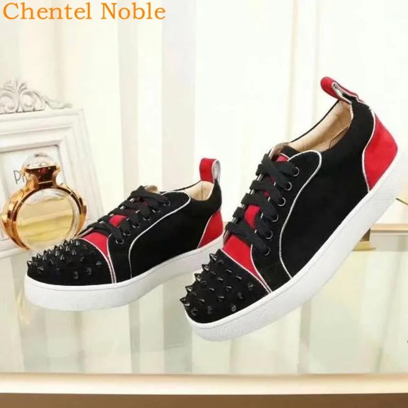 

Brand Chentel Noble Footwear Black Red Color Men Casual Shoes 2019 Rivet Flock Leather Flat Comfortable Ankle Fashion Male Shoes