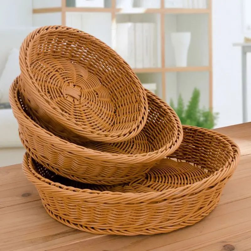 

Wicker Round Basket Woven Rattan Bread Tray Serving For Food Fruit Cosmetic Storage Tabletop Laundry Storage Kitchen Organizer