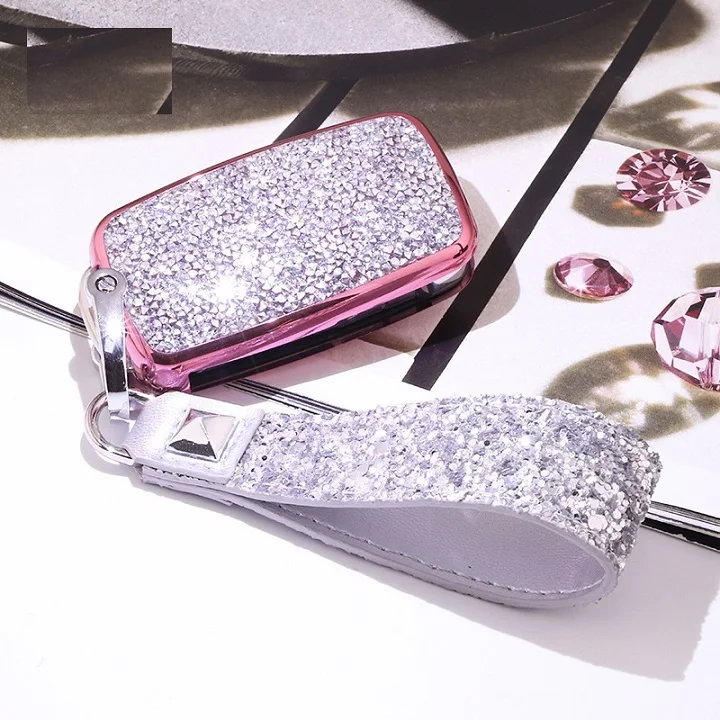 Pink Silver set Автомобильный чехол для ключей для Volkswagen Passat Golf Bora Polo Автомобильная камера заднего вида чехол для ключей протектор с цепочкой для ключей - Название цвета: Pink Silver set