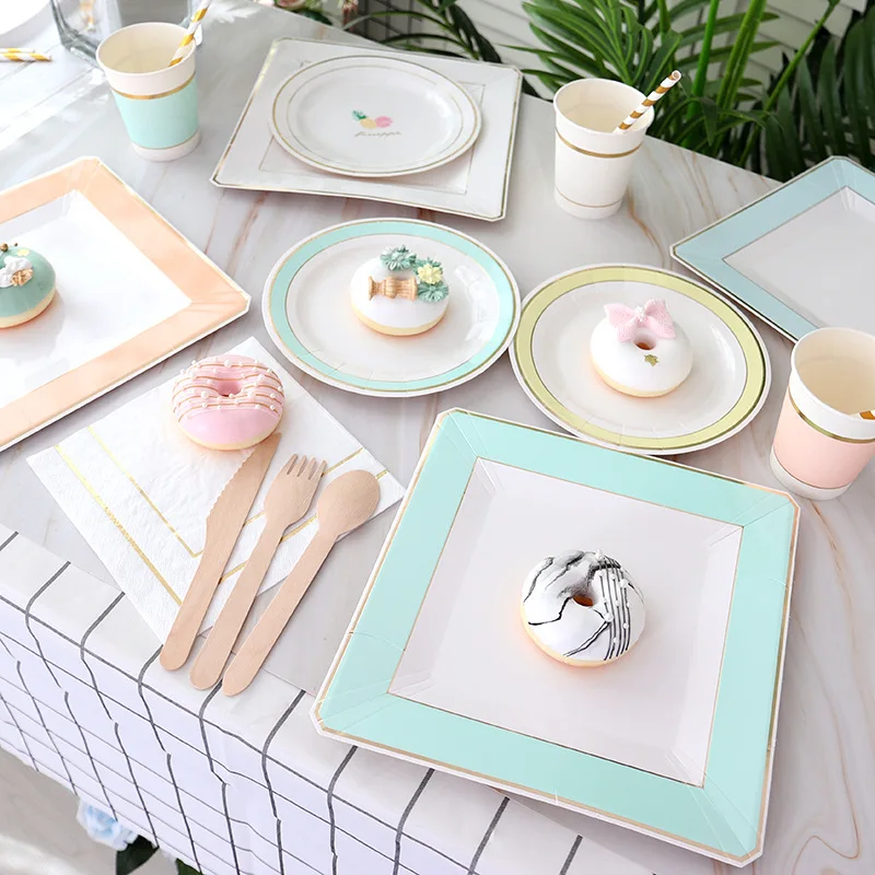 

10pcs Party Tableware Disposable Bronzing Paper Plate Paper Cup Birthday Party Layout Dessert Table Decoration Cake Plate