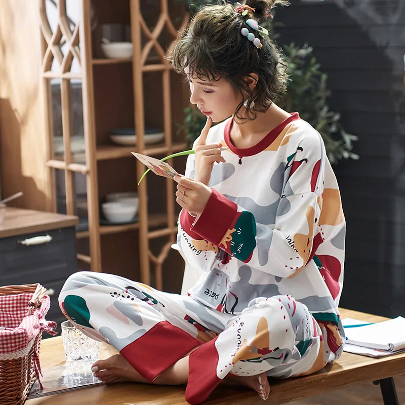 

2019 Spring Autumn Women Pajamas Sets With Pants Cotton Pijama Sleepwear Pyjama Nightwear Loose Casua Nightsuits Sexy Homewear