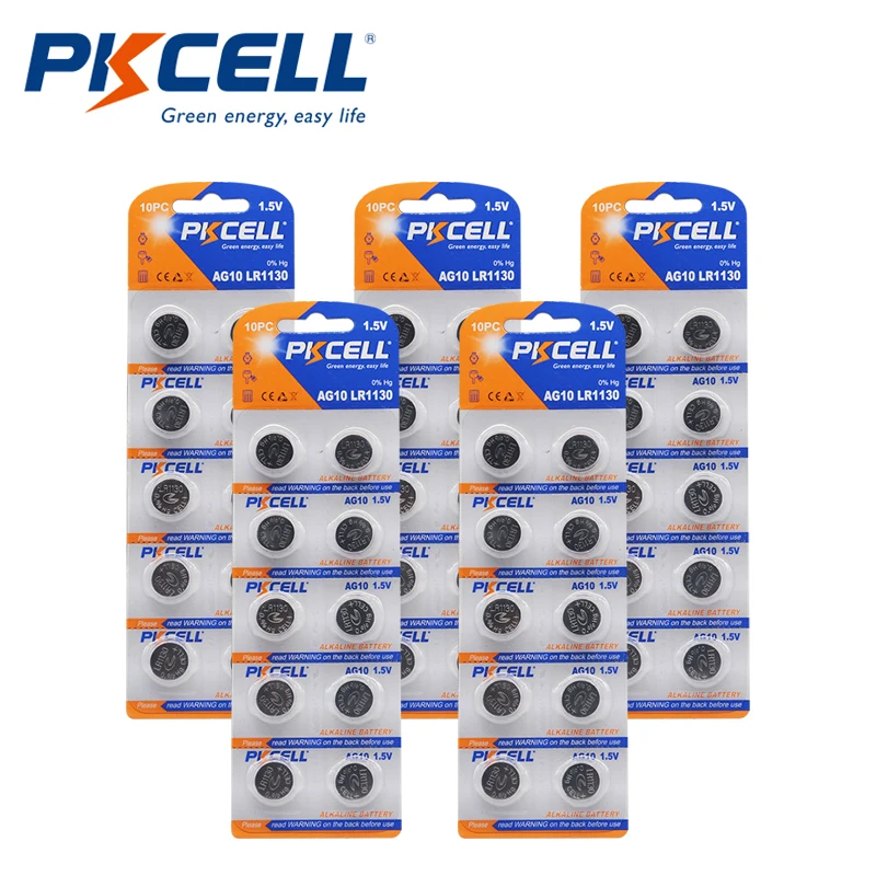 50 шт./5 карт PKCELL 1 5 в Кнопочная батарея AG10 LR1130 389A LR54 L1131 189 LR54/189/L113 | Электроника