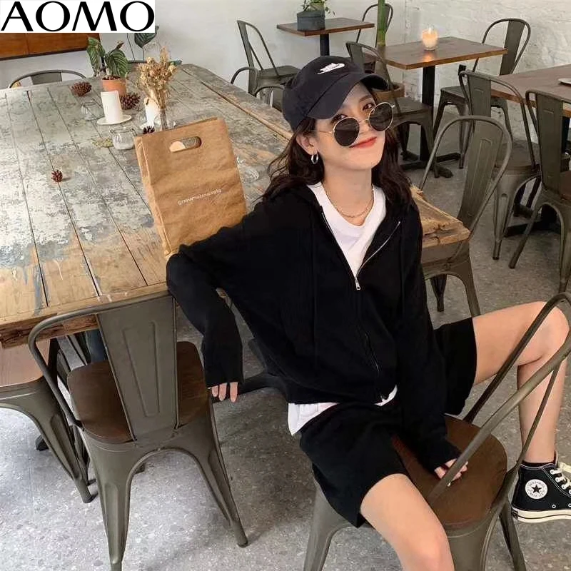 Женский трикотажный костюм AOMO однотонный в Корейском стиле на молнии с капюшоном