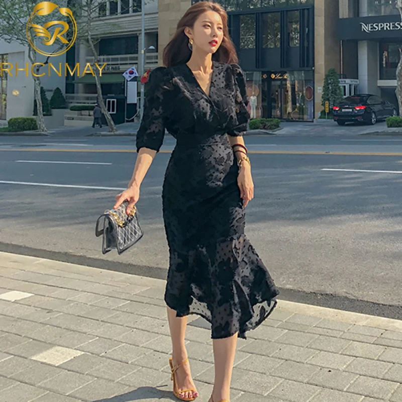 2020 Spring New Korean Style Office Ladies Midi Mermaid Dress Women Chiffon Three Quarter Sleeve Bodycon Ruffles Party Dresses 2020 Spring New Korean Style Office Ladies Midi Mermaid Dress Women Chiffon Three Quarter Sleeve Bodycon Ruffles Party Dresses