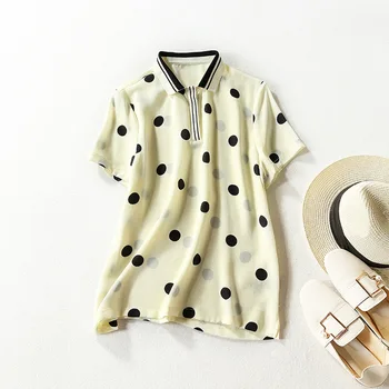 

T-shirt Summer 2020 New Women's 100% Silk Polka Dot Turn Down Collar Short-sleeved Light Thin Women's Casual Tops S-XL