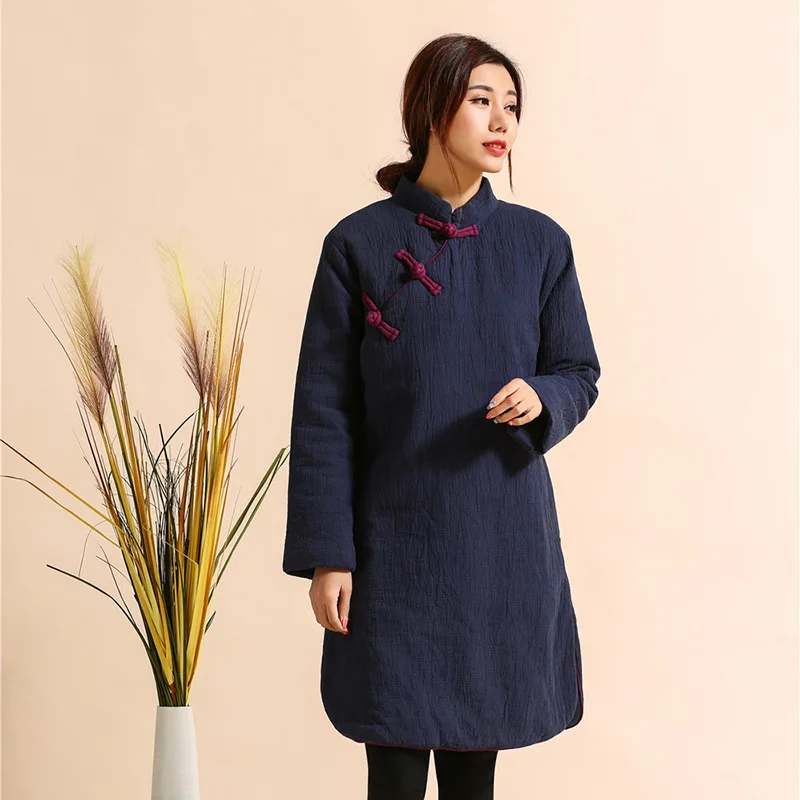 

Autumn And Winter New Style WOMEN'S Dress Solid Color Tops Cotton Wadded Robe Ethnic-Style Retro round Hem Jacquard Mid-length C