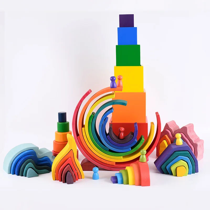 Children's Wooden Rainbow Building Blocks Forest Small Tree Rainbow