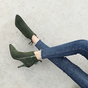 

Fashion Butterfly-knot Ankle Thin High Heel Boots Women Shoes Red Green Suede Pointed Toe Sexy Stiletto Shoes Large Size
