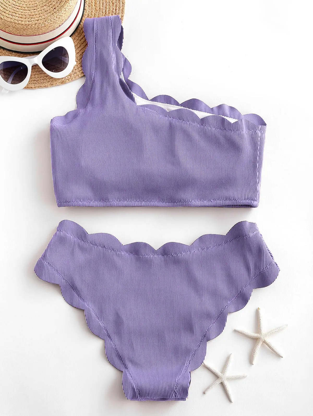 ZAFUL Women Textured Ribbed Scalloped One Shoulder Tankini Swimsuit Solid Color Elegant Swimwear Two Piece Bathing Suits 2020 ZAFUL Women Textured Ribbed Scalloped One Shoulder Tankini Swimsuit Solid Color Elegant Swimwear Two Piece Bathing Suits 2020