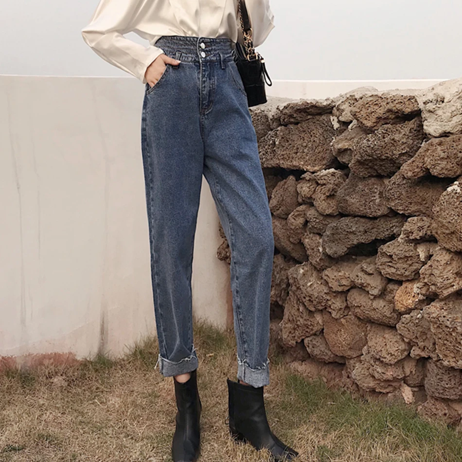 Genayooa Google XL, Высокая Талия Джинсы женские матерчатой кнопкой джинсы-бойфренды для Для женщин уличная джинсовые штаны-шаровары Брюки с карманами