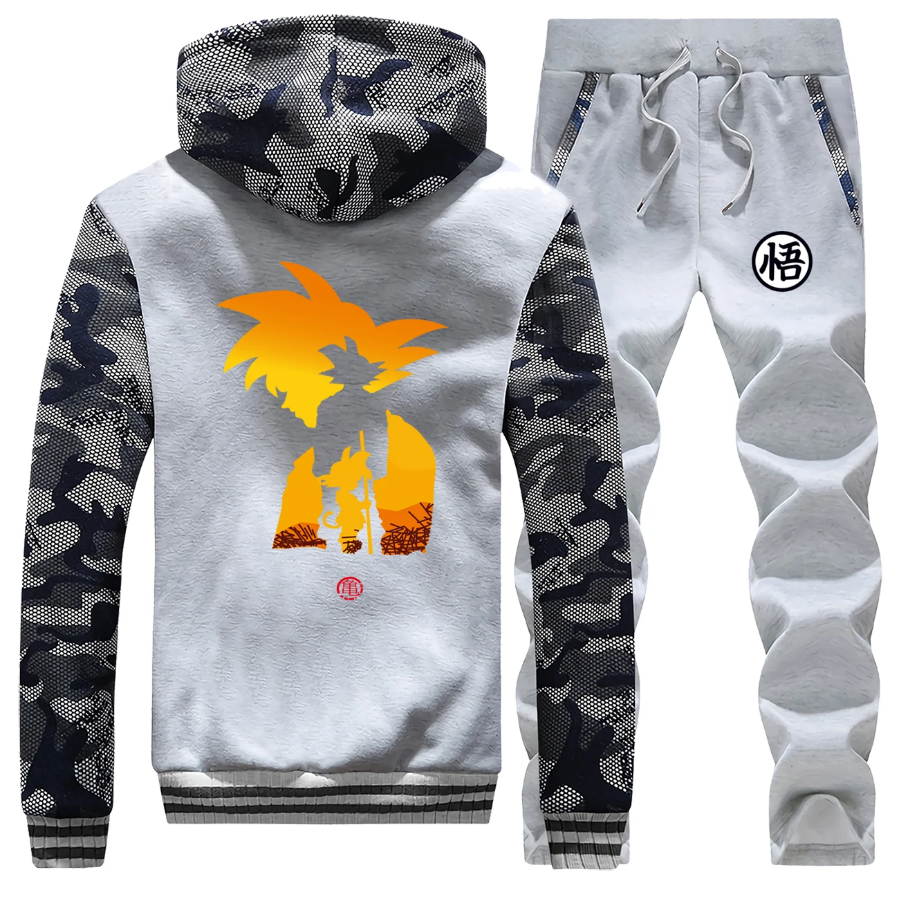 Winter Hot Sale Japan Anime Mens Camouflage Hoodies Suit Coat Thick Sportswear Dragon Ball Warm Jackets+2 Piece Set Pants