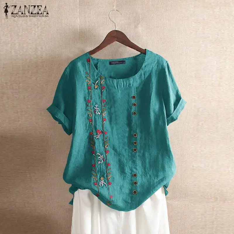 Blusas Top ZANZEA, летние рубашки с коротким рукавом, Женская Повседневная хлопковая блуза, винтажная туника с цветочной вышивкой, топы, Женская сорочка