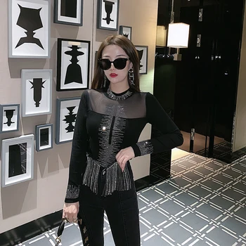 

New Autumn Winter All-match Long Sleeve Bottoming Top Slim O Neck Hot Drilling Female Solid Color T-shirts