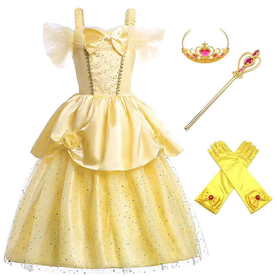 Dress3PCS Платье принцессы Белль для девочек; карнавальный костюм; Детские Вечерние платья желтого цвета с открытыми плечами; платья на Хэллоуин с короной и волшебной палочкой - Цвет: Dress3PCS