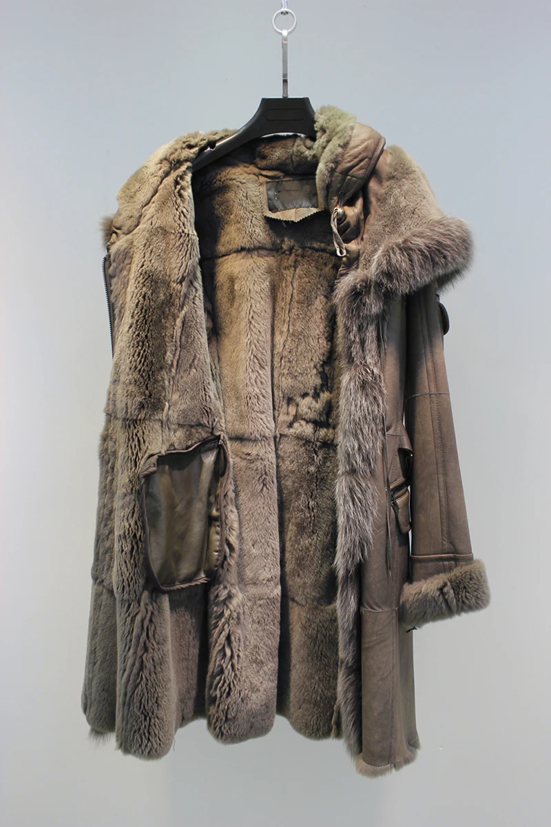 Женское зимнее повседневное пальто с воротником из лисьего меха и овечьей шерстью с подкладкой из овечьей кожи с длинным рукавом