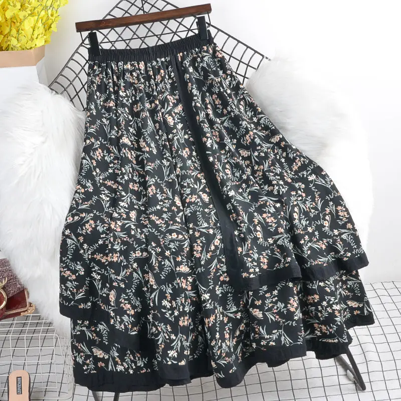 

2023 New Spring Summer High-waisted Skirts Women Clothing Fake Two-piece Retro Floral Stitching Large Size Skirts Female aq022