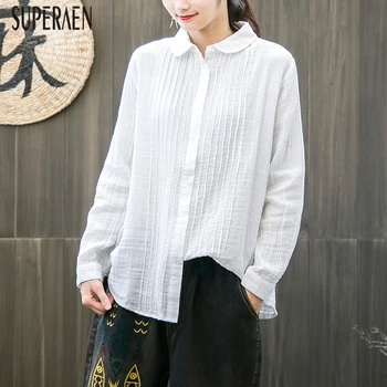 

SuperAen 2020 Spring and Autumn New Women Shirts Solid Color Wild Casual Ladies Blouses and Tops Cotton Peter Pan Collar