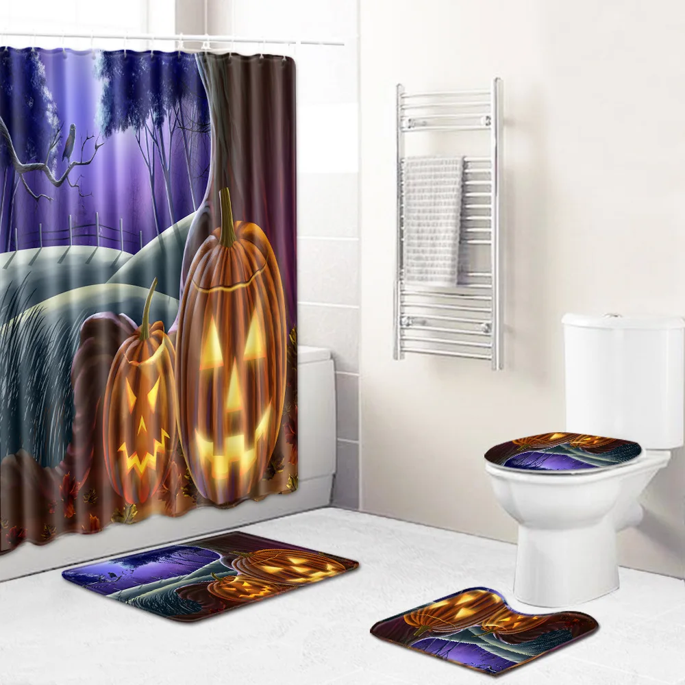 

F Halloween 4 Piece Shower Curtain Set Anti Slip Carpet Bathroom Rugs and Mat Set Print Toillete Seat Cover Bath Mat Home Decor