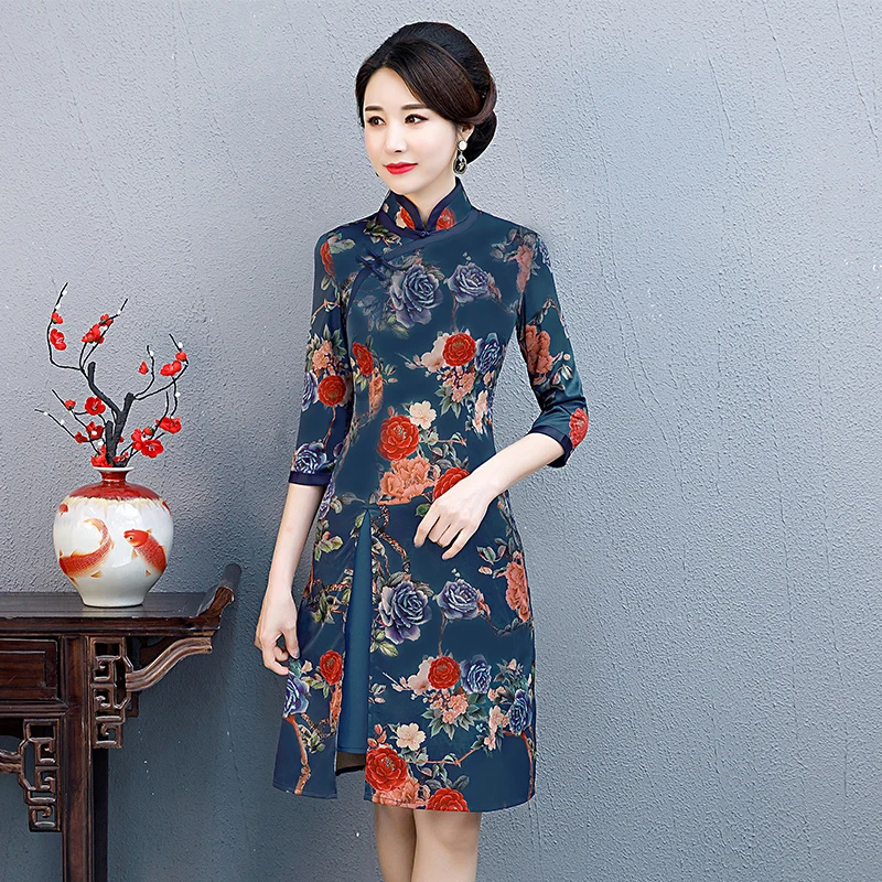 Модное китайское Стильное Платье До Колена Cheongsam, Новое поступление, женское шифоновое платье, элегантное платье Qipao Vestido, Размеры S M L XL XXL XXXL 189685