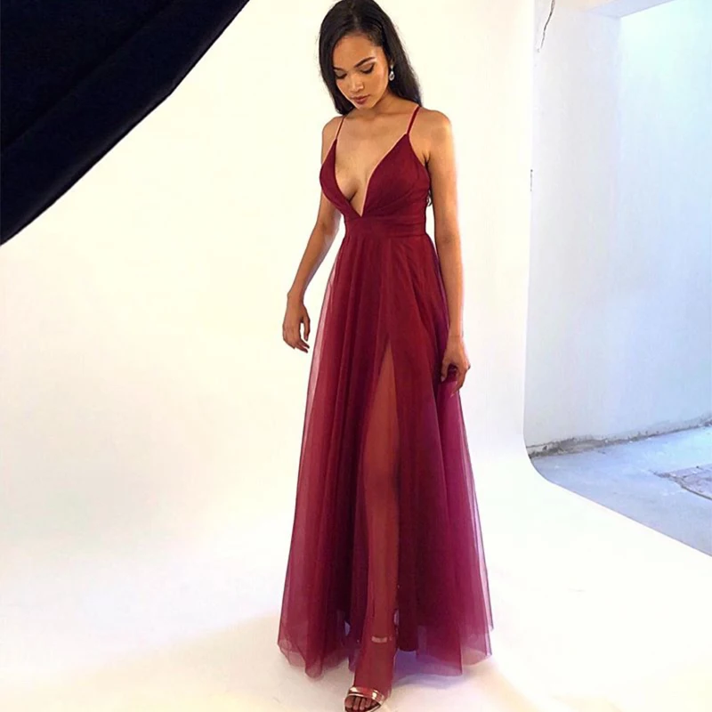 

Sexy Burgundy Prom Gowns Spaghetti Straps High Split Tulle Formal Party Dress Cheapest Evening Gowns vestido longo festa