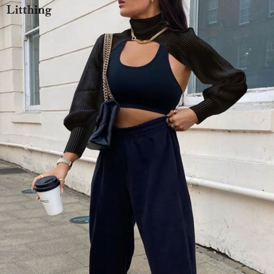 

2021 Spring Casual Turtleneck Crop Top Sweater Women Smocked Solid Vintage Knitted Jumpers Ladies Fashion Long Sleeve Pullover