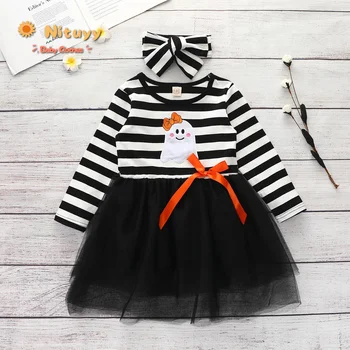 

2020 Kids Baby Girls 2-piece Outfit Set Halloween Long Sleeve Ghost Pattern Striped Mesh Tutu Mini Dress and Headband Set