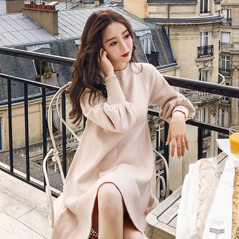 apricot Autumn and winter new maternity dress pregnant women sweater pregnant women skirt bottoming knit pregnant women A word dress tid - Color: apricot