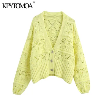 

KPYTOMOA Women 2020 Fashion Bejewelled Buttons Cropped Knitted Cardigan Sweater Vintage Puff Sleeve Female Outerwear Chic Tops