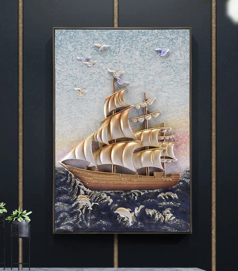 Smooth Sailing Porch Decorative Painting Atmosphere Home Lucky Feng Shui Into The Door Vertical Sailboat 3d Embossed Painting