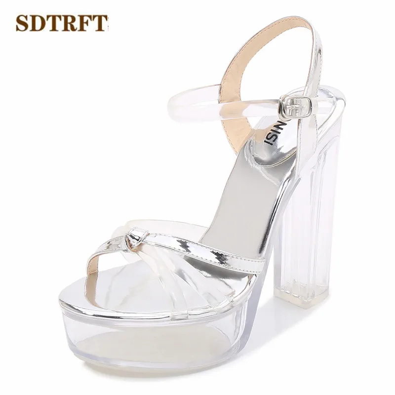 

SDTRFT Summer Ankle Strap sandals female sexy crystal shoes woman 13cm Thick High Heels transparent platform pumps sandalias