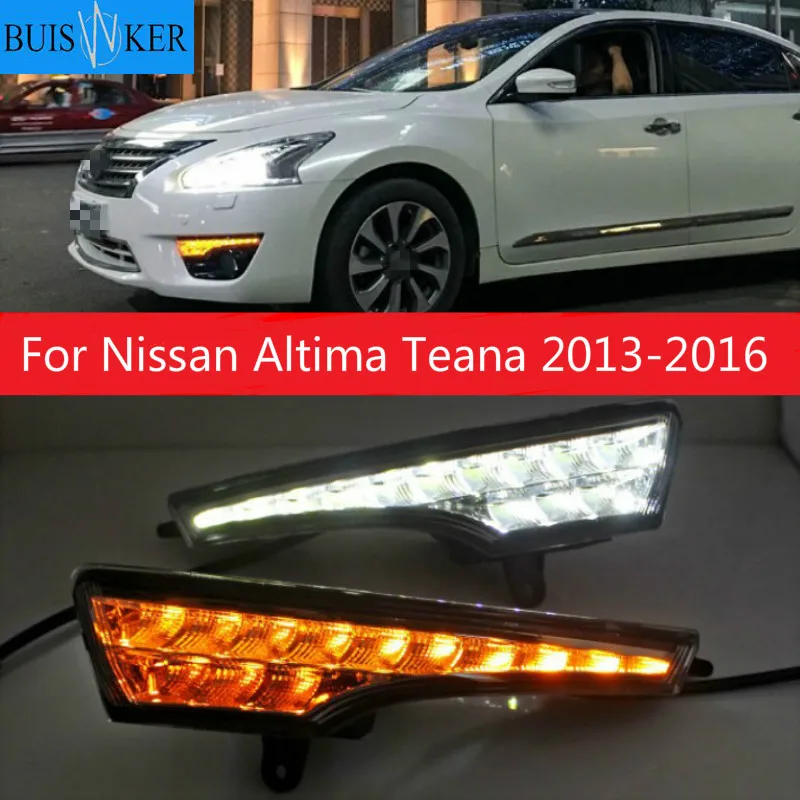 

Светодиодный дневные ходовые огни для Nissan Altima Teana 2013-2016 дневные ходовые огни светильник переднего бампера вождения противотуманная фара Дневной светильник головной светильник поворота мигает