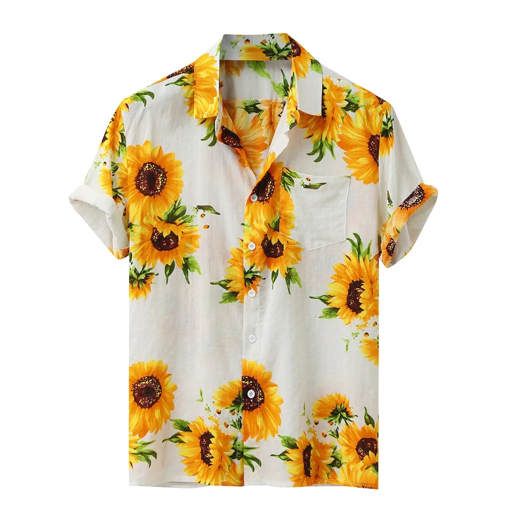 Camisa hawaiana con estampado de girasol para Hombre, camisas informales de verano, Blusa de manga corta con cuello vuelto, ropa Social, 2020
