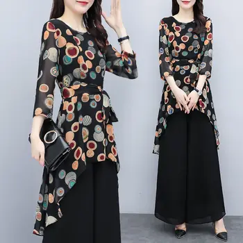 

Women 2020 Summer Chiffon Two Piece Sets Outfits Female Plus Size Asymmetrical Print Blouses And Wide Leg Pants Suits Sets L293