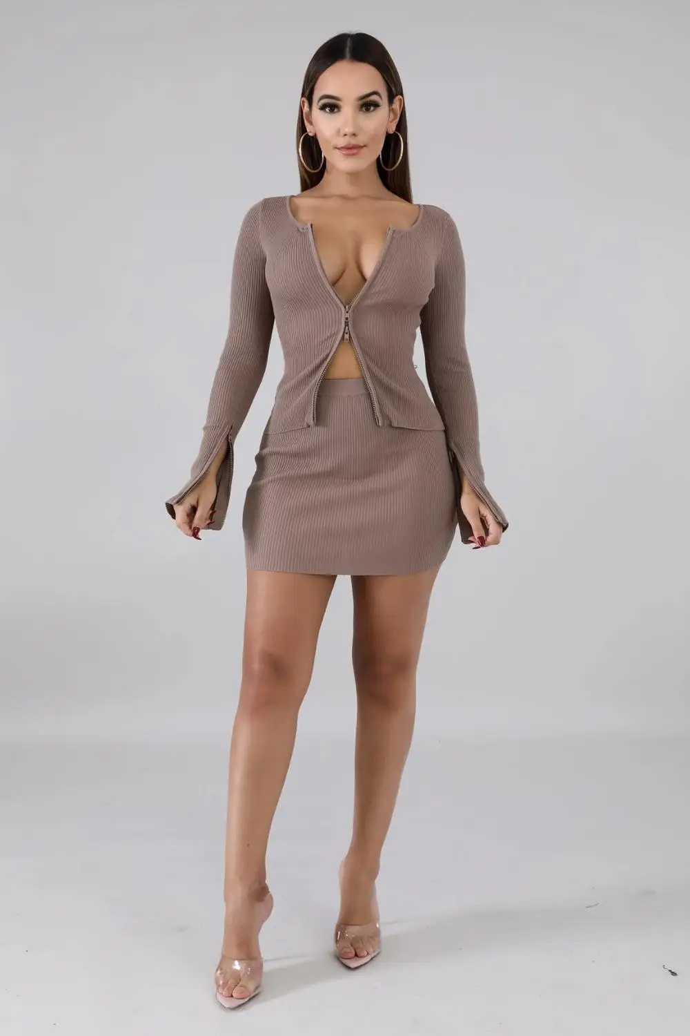 KGFIGU Kylie jenner ribbed tops and skirts sets Summer two pieces sets sexy zipper full sleeve brown matching sets outfits