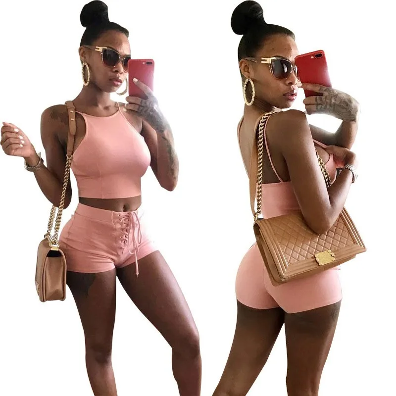

Women Tracksuit Summer Sexy Knitted Halter Strap Lace Up Set Female Clothes For Party Bandage Ladies Camis Crop Top and Shorts