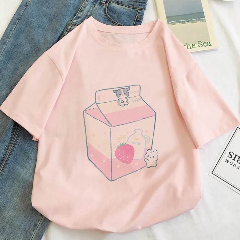 Japan Strawberry Juice Graphic Print T-shirt Women 2020 New Summer Fashion Tshirt Tee Harajuku Aesthetic Pink Top Female T Shirt