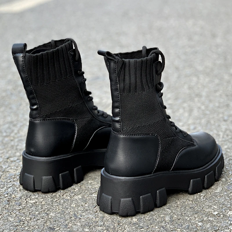 2019 New Army Combat Boots Women Lace Up Gothic Black Sock Platform Boots Leather Martin Ankle Boots Women Shoes Botas Mujer