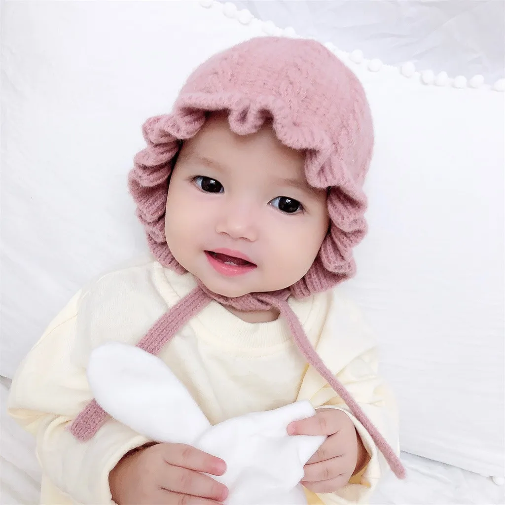 Princess Baby Girl Hat Laciness Knit Winter Newborn Hat Baby Bonnet Enfant Hats Kids Cap for Girls Warm New Born Caps#C