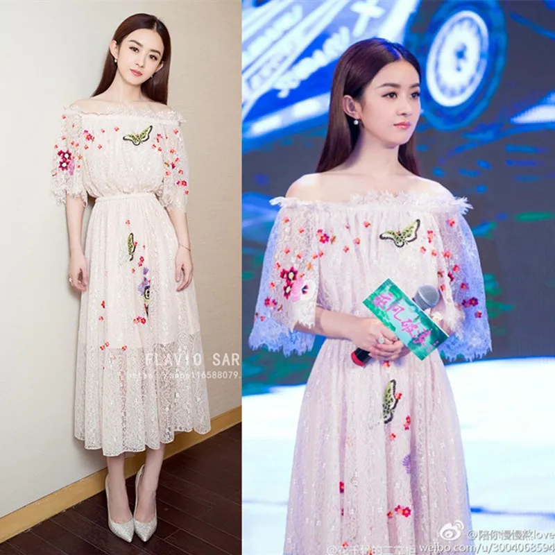 Zhao Liying Celebrity Style off-Shoulder Bell Sleeve Embroidered off-Shoulder Lace Dress Long Skirts Princess Dress Women's Fash