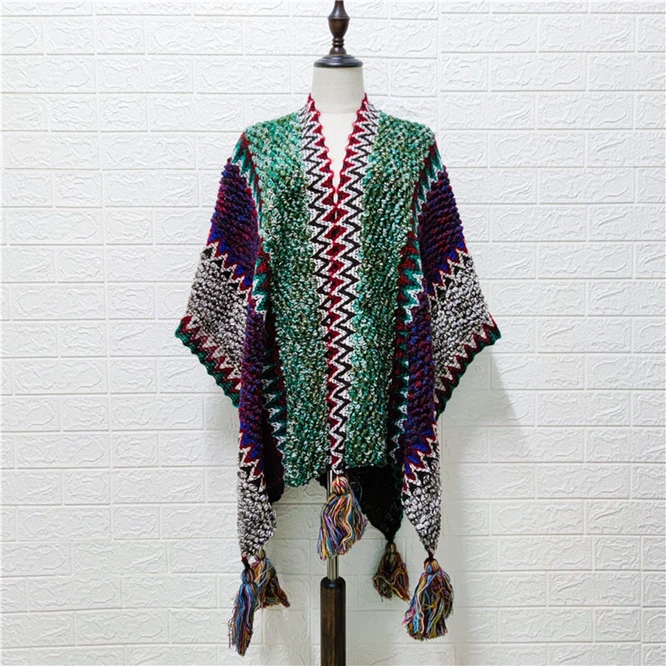 

Women Knitting Poncho Capes Autumn New Female Fashion Bohemian Poncho Cloak Tassel Winter Clothing Cardigan Scarf Tibet Green