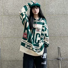 

Vintage POLO Collar Letters Print Oversized Sweatshirt Women for Teen Girls Harajuku New Spring Korean Casual Loose Pullovers