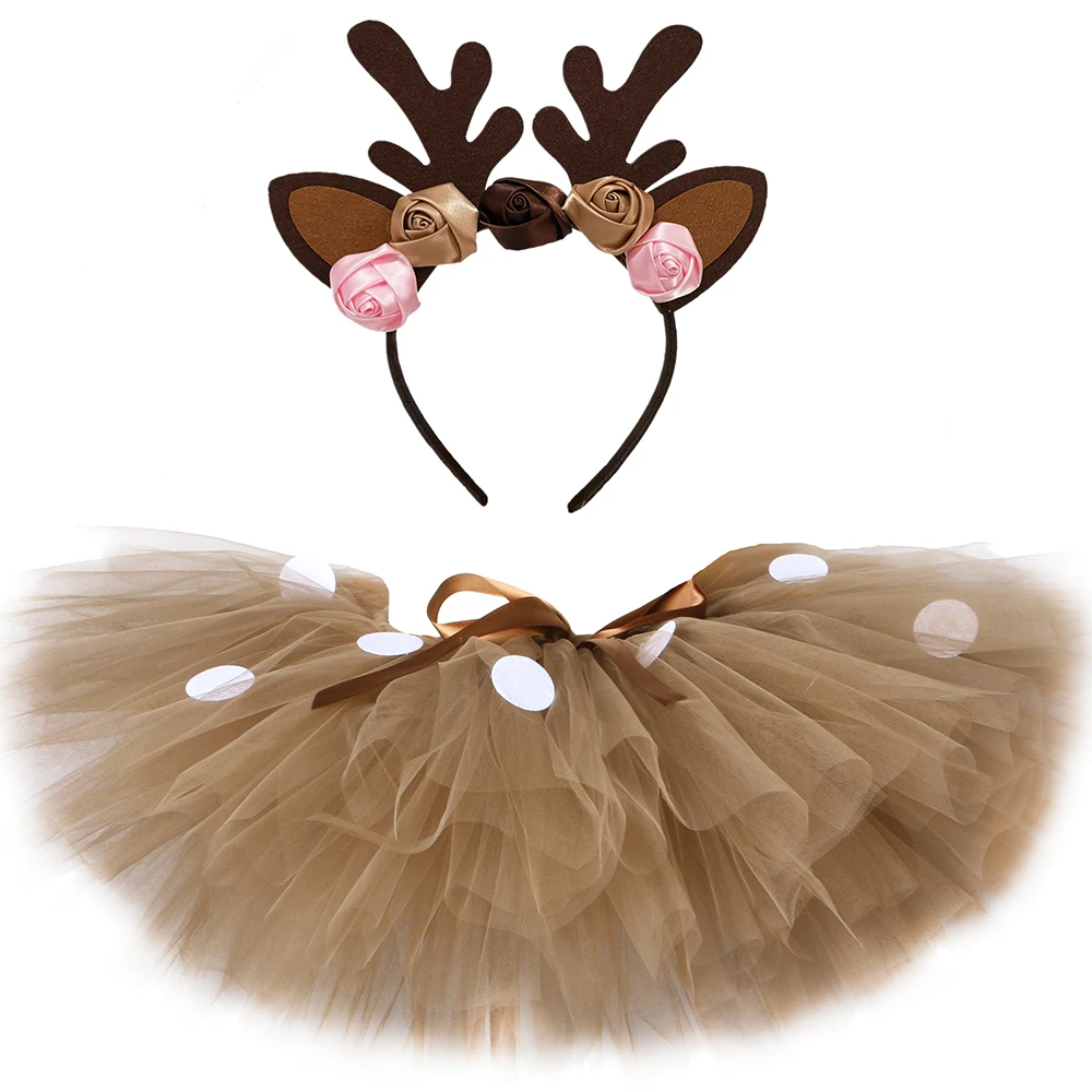 

Fluffy Brown Deer Girl Tutu Dress Christmas Costume Kids Reindeer Tulle Skirt for Halloween Carnival Children Outfit 1-14 Years