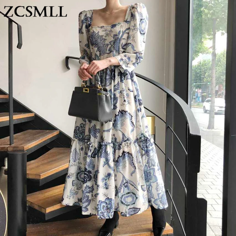 

ZCSMLL 2022 summer Korean Style Vintage Flower Square Collar Exposed Clavicle Fashion Loose Over The Knee Women Dress