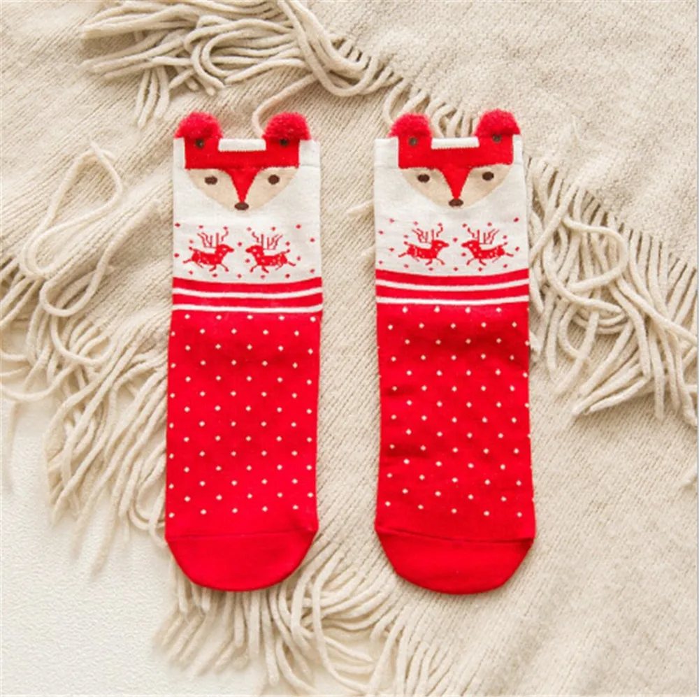 Рождественские хлопковые теплые носки для мальчиков и девочек; сезон осень-зима Носки с рисунком собаки, лося, лисы, медведя, красного цвета, Санта-Клауса